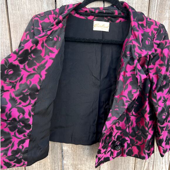 Vintage | 1960's Cardinal Detroit Cropped Black Floral Jacquard Fuschia Jacket - Picture 5 of 8